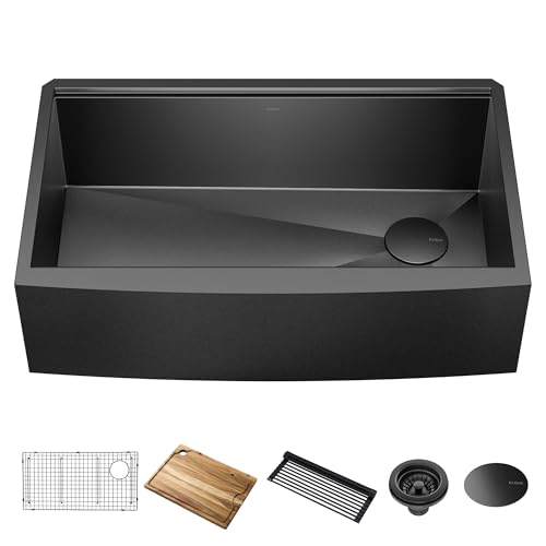 KRAUS Kore Workstation 33-inch Farmhouse Apron Front 16 Gauge Black Stainless Steel Single Bowl Kitchen Sink in PVD Gunmetal Finish with Accessories, KWF210-33/PGM
