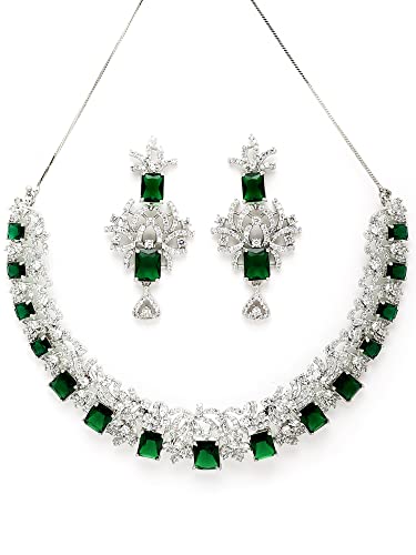 Image of Karatcart Silver Tone Green American Diamond Studded Necklace Set for Women