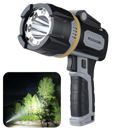 MOONASION Rechargeable Spotlight 100000 Lumen, Super Bright LED Spotlight Flashlight with COB Light & Foldable Stand, Long Lasting Large Handheld Spot Light for Boating Camping Boat Marine
