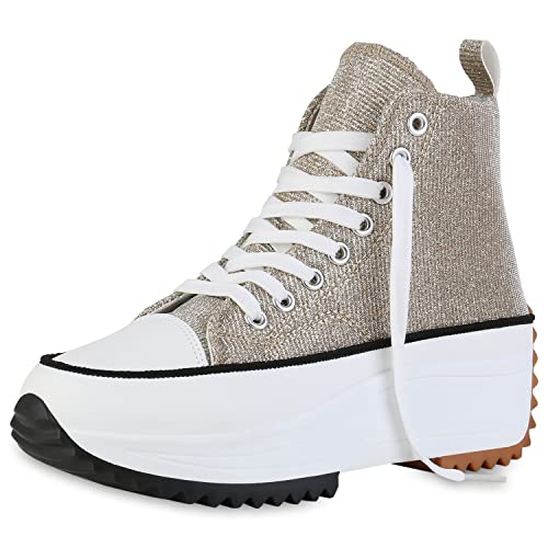 VAN HILL Damen Sneaker High Schnürer Blockabsatz Plateau Vorne Schuhe...