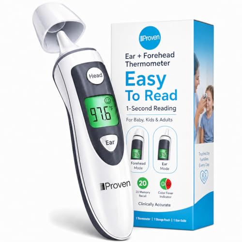 iProven Ear and Forehead Thermometer for Adults Kids and Baby - 2-in-1 Ear and Forehead, 1-Second Readings, Fever Alert Color Indicator, 20 Memory Recall - Family Digital Thermometer for Home Use