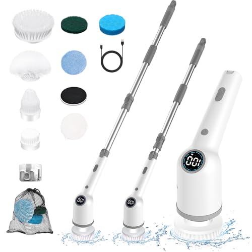 Electric Spin Scrubber, Upgraded Cordless Electric Cleaning Brush with 8 Replacement Brush Heads, 3 Gears adjustable and 1-100% Battery Display, For Bathroom/Kitchen/Car/Grooves/Tile/Window(Grey)