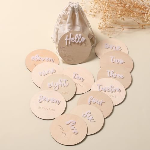 Image of Ylsteed Baby Milestone Cards Wooden Monthly Milestone Cards with Announcement Signs Baby Months Signs Newborn Photo Props Baby Shower and Pregnancy Gifts for Boys Girls 3D Pattern 4 * 4" 13Pcs-White