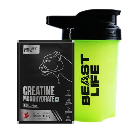 Image of Beastlife Pure Super Micronised Creatine & Shaker Pack | 50 g | 13 Servings | Litchi | NABL Lab Tested | Rapid Absorption for Muscle Strength & Athletic Performance | Super Micronised Creatine Powder