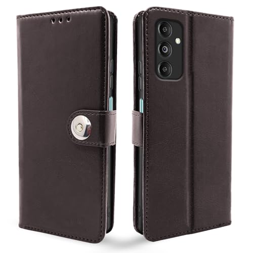 Image of Pikkme Flip Cover Leather Finish | Inside TPU with Card Pockets | Wallet Stand and Shock Proof | Complete Protection Button Flip Case for Samsung Galaxy M35 5G (Coffee)