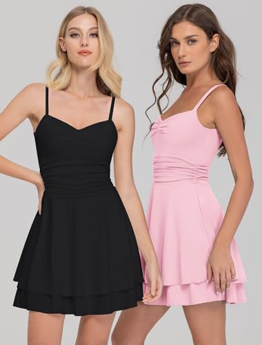 Image of IWD Women's Spaghetti Strap Mini Dress Ruched Corset Tiered Ruffle Hem Sexy Backless Party Club A Line Short Dresses