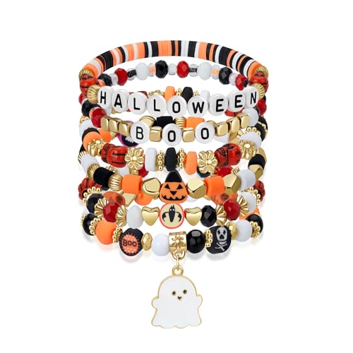 Joyline Halloween Bracelet for Women Men Boo Bat Skull Charm Beaded Stackable Stretch Bracelet Halloween Party Jewelry Gifts