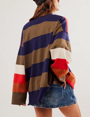 Quarter Zip Striped Oversized Knitted Pullover Sweaters for Women Lightweight Loose Fit Sweater Tops2
