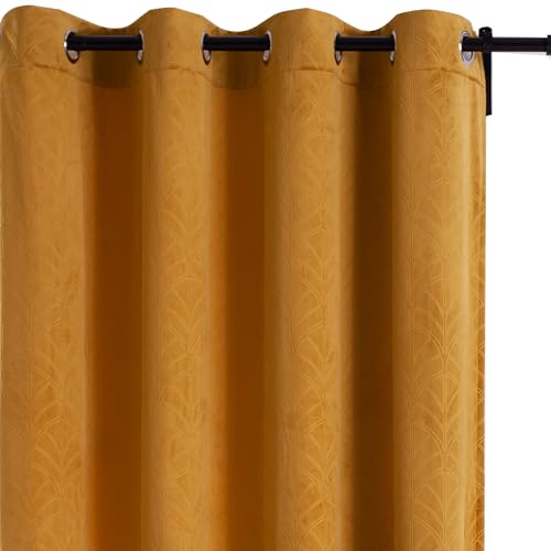 Viste tu hogar Pack 2 Cortinas de Terciopelo Holandés con Patrón de Abanico, 150x260 cm, Opacas, Suaves y Elegantes, Fácil Mantenimiento, Salón, Dormitorio y Oficina, Mostaza