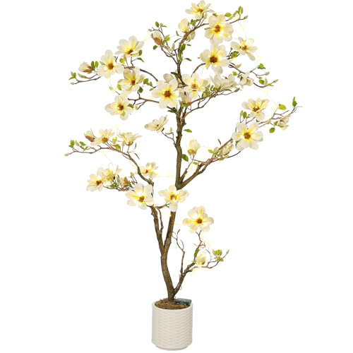 6FT Faux Magnolia Plant Artificial Flower Trees Fake Plants for Yard Patio Home Office Arrangement Decor Artificial Magnolia Tree Inc. 180 Realistic Flowers Vivid Leaves Mosses Lighting White Pot