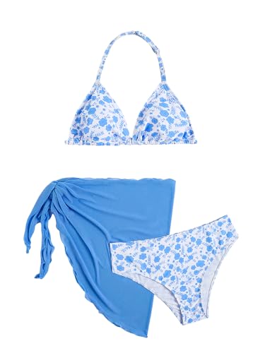 Image of SOLY HUX Girl's Summer Swimsuit Set Floral Halter Triangle Bikini Set with Wrap Skirts Beachwear