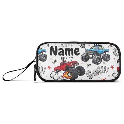 Image of Custom Truck Racing Car Flag Pencil Case Box Boys Girls Personalized Name Large Pencil Pouch Stationery Pen Bag Organizer for Kids Adults School Office