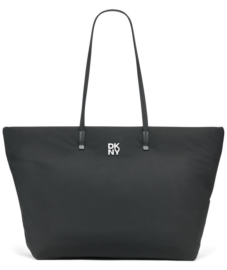 DKNY Tote Jenny para mujer, 100% poliéster con ribete de poliuretano, logotipo negro y negro, Logotipo negro y negro