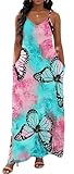 vunahzma Women's Long Dresses Sexy Loose Long Floor Length V-Neck Adjustable Spaghetti Strap Sleeveless Tie Dye Butterfly Sundresses Plus Size with Pockets in The Summer(Floral-9 XL)