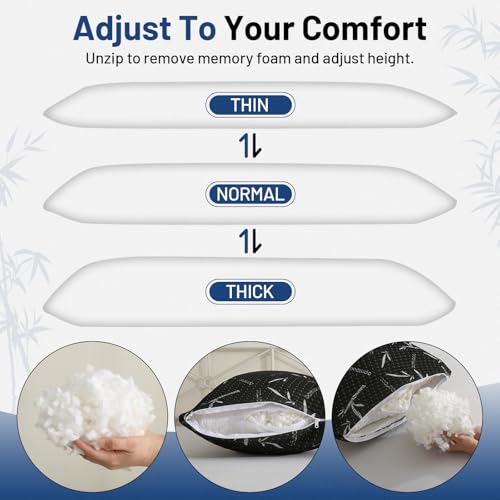 Full Body Pillow with Removable Pillowcase for Adults,(Memory Foam Filling)(Long Pillow for Side Sleepers) (Fluffy and Firm)(Adjustable Filling)(20×54 Inch,Black)