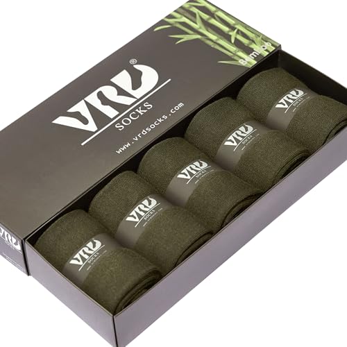 VRD Bamboo Mens Dress Socks for Men, 5-Pack, Green, Khaki, Olive Crew Length Mid-Calf Socks, Mens Shoe Size 8-13