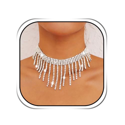 Sixexey Rhinestone Choker Necklaces Silver Neck Chain Sparkly Tassel Necklace Dainty Party Prom Necklace Jewelry for Women