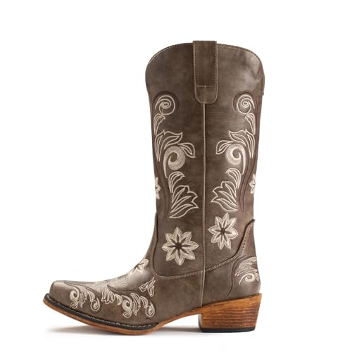 Image of IUV Cowboy Boots For Women Mid Calf Cowgirl Boots Embroidered Pull-On