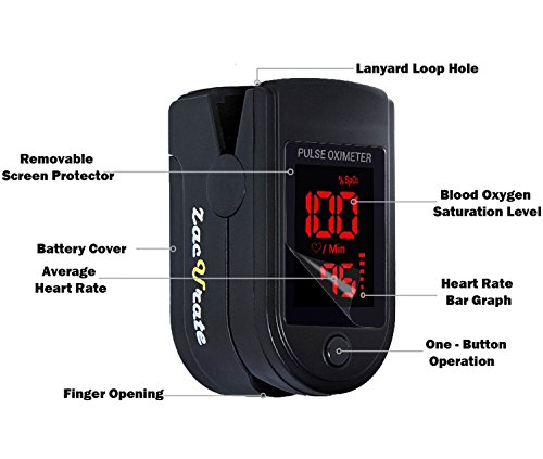 Zacurate Pro Series 500DL Fingertip Pulse Oximeter Blood Oxygen Saturation Monitor with Silicon Cover, Batteries and Lanyard (Mystic Black)