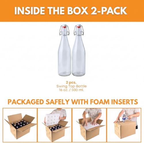FastRack Swing Top Glass Bottles 16 oz (500ml) – 2 Pack | Clear Flip Top Bottles with Airtight Lids | Reusable Glass Containers for Olive Oil, Vinegar, Kombucha, Beer & Fermentation - Thumbnail 2