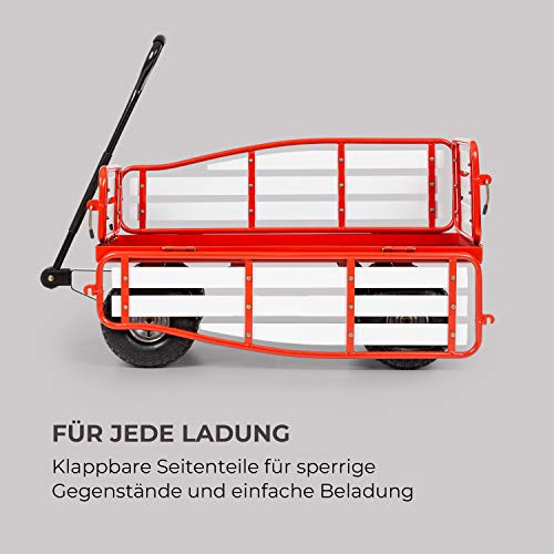 Waldbeck Ventura Handwagen Bollerwagen Einkaufswagen, extra breite Reifen: 9 cm, klappbare Seitenteile aus Wood-Plastic-Composite, Ladefläche: 50 x 100 cm / 0,5 m², Rahmenhöhe: 32 cm, rot – Bild 5