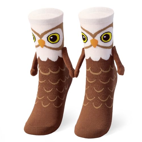 COZYMATE Funny Animal Owl Socks for Men Women Novelty Magnetic Hand Holding Crazy Socks for Kids Boys Halloween Prank Gifts (US Alpha One Size Regular Regular Brown)