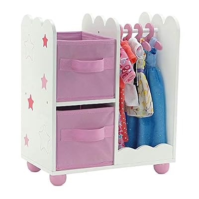 Emily Rose 14 Inch Doll Furniture - Open Wardrobe Closet with Hangers & Storage Bins - Wooden Organizer for Wellie Wishers, Glitter Girls & 14 Dolls