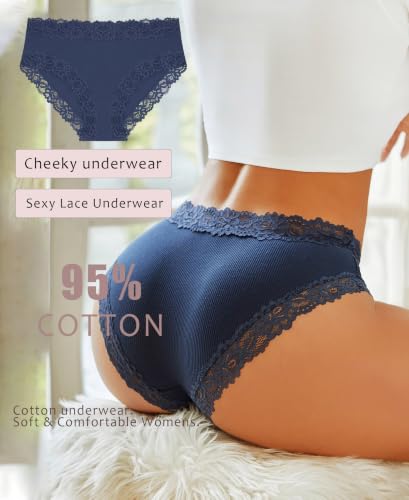 Image of Knowyou Cotton Underwear for Women No Roll Soft Panties No Dig Lace Waist Hipster Breathable Cheeky Lingerie for Women