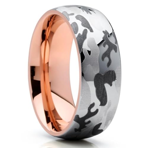 OVIEDO JEWELRY Camouflage Wedding Ring,Tungsten Carbide Ring,Engagement,Dome Band,Rose Gold,Silver Anniversary,Unisex,Comfort Fit,8mm