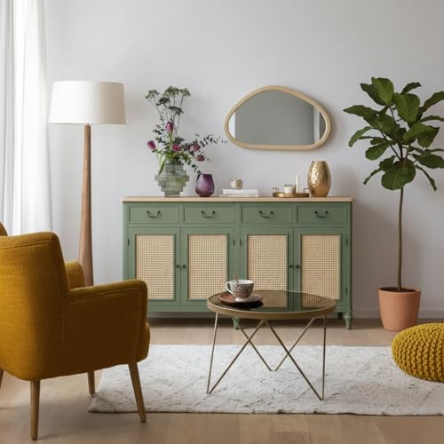 APRODZ Solid Wood Sideboard Cabinet with 4 Drawer Storage Organize Cabinet for Home Dinning Kitchen Living Room & Bedroom Multi Shelves Door Cabinets Hallway Dinning (Dark Green)