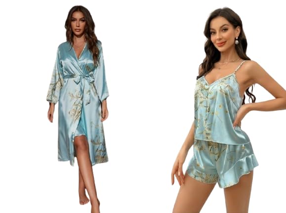 JJ's Imported Satin Silk High End Luxury Women's 5 Pieces Pajama Set, Silky Robe Sets Nightgown, Satin Sleepwear, Loungewear-picture-23