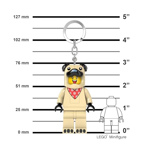 LEGO Mops-Kostüm Guy Schlüsselanhänger mit LED-Licht – große Minifigur 7,6 cm (KE213H) – voll beweglich – inkl. Batterien – witziges Geschenk & Taschenlicht für Kinder und Fans