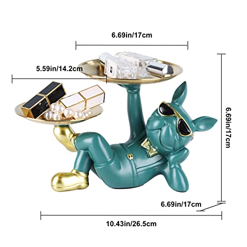 Suruim Resin Bulldog Statue With Two Storage Trays French Bulldog Storage Tray Statue Strange Key Holder Bowl Dog Decoration Very Cool Office Desk Decoration (Green -2) #TOP1