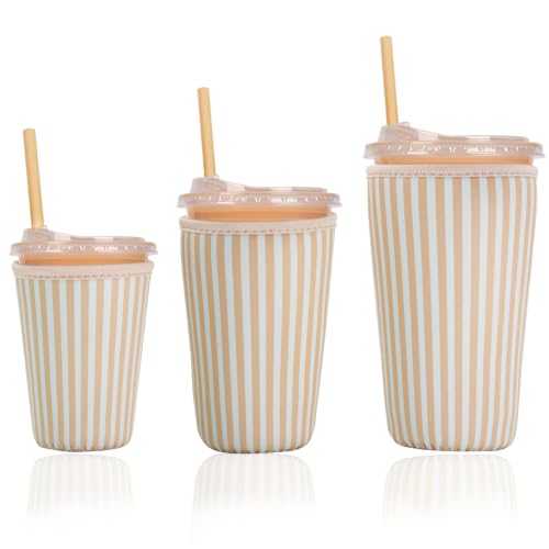 Image of Reusable 3-Pack Iced Coffee Cup Sleeve, Insulated Neoprene, Beverage Holder for Iced Coffee, Durable Drink Sleeve for Cold Beverages (Sunny Stripes)