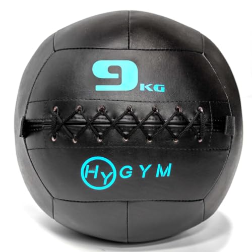 HyGYM Bolas de pared, 3-12 kg, 33 cm de diámetro, superficie texturizada, diseño cosido, piel sintética, color azul (9 kg)