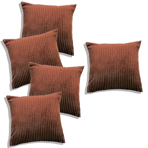 Image of RD TREND Cushion Cover Set of 5, Decorative Sofa Living Room Home Square Cushion Covers 18 Inch x 18 Inch, Aesthetic Corduroy Striped Double Sided (Coffee,Pack of 5)