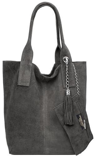 Caspar große Wildleder Shopper Schultertasche XL Damen Handtasche aus Leder mit stylischer Metallkette & kleiner Zusatztasche - CLASSIC LINE - Modell No.828 - Made in Italy, Farbe:dunkelgrau