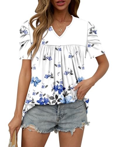 KISSMODA Tops for Womens Summer Cute Short Sleeve Shirts Trendy Notched Neck Blouses Casual Loose Pleated Tunics S-3Xl