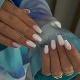 KXAMELIE Coconut White Square Press on Nails Short Medium Coffin,T-shape Gel Fake Nails for Women Girls,Neutral False Glue on Nails Medium Length,Reusable Acrylic Nails Press ons in 24PCS