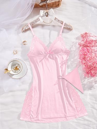 Foxiny Sexy Split Side Floral Lace Trim Full Slip Night Gown Babydoll Lingerie Dress with Thong 2 Piece Women High Slit Cami Nightgown Pajamas Set Nighty Sleep Wear Pink Medium