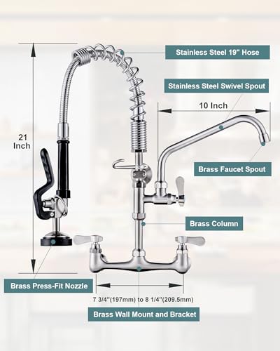 Image of 21 inch Height Commercial Faucet Wall Mount with Sprayer 10 inch Swing Spout 8 inch Adjustable Center, Kitchen Sink Faucets with Pull Down Pre-Rinse Sprayer for Restaurant Industrial Kitchen, Brushed Nickel