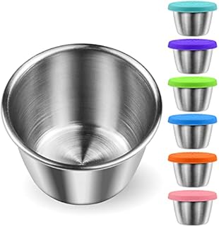 HONZUEN Salad Dressing Container,6 Pcs 2.46oz Stainless Steel Sauce Containers Reusable Salad Containers with Silicone Lid,Small Leakproof Condiment Container Sauce Cups for Food Storage