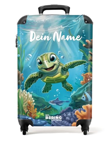 NoBoringSuitcases.com Kinderkoffer, Koffer Personalisiert, Kinderkoffer Mädchen, Koffer Kinder, Kinder Reisekoffer, Handgepäckkoffer, Rollkoffer, Handgepäck Trolley 55x40x20 cm (Schildkröte - Blau)