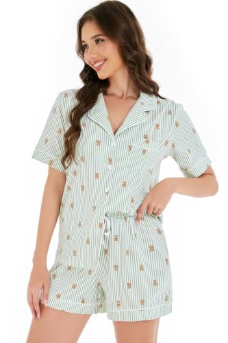 Image of LUBOT 100% Cotton Pajamas for Women 2 Piece PJ Set Button-Down Soft Knit Short Sleeve Summer Sleepwear Loungewear XS-XXL