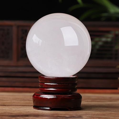 Crystal Ball with Wooden Base,White Calcite Quartz Ball Ornament,Magic Crystal Orb Stone Sphere for Feng Shui, Home Decor,90mm/3