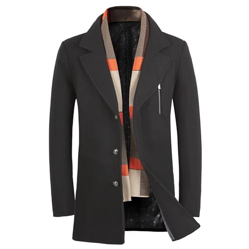 Image of WULFUL Men's Wool Blend Winter Coat Slim Fit Short Trenchcoat Warm Business Jacket with Detachable Soft Wool Scarf