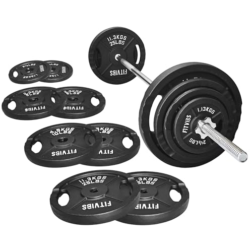 Fitvids Cast Iron 1 Standard Weight Plates Including 5FT Standard Barbell Bar & Star Locks 95 Pounds Sets