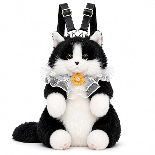 Cute Plush Cat Backpack for Girls & Women | Soft Stuffed Animal Shoulder Bag with Adjustable Straps | Kawaii Kitty Plush Backpack for School, Travel, Shopping, Gifts & Daily Use [ Black & White ]-picture-33