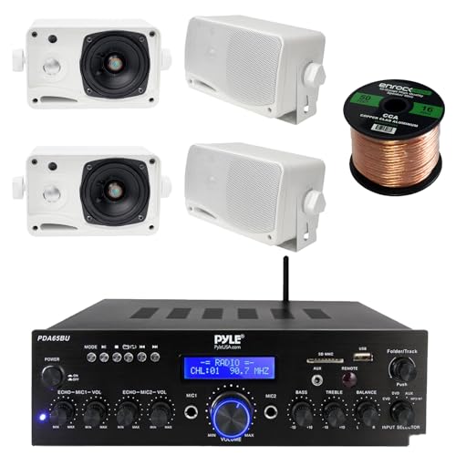 Pyle PDA65BU Compact Home Theater Bluetooth Stereo Receiver, 4X Pyle 3.5'' 200 Watt 3-Way Weather Proof Mini Box Speaker System (White), Enrock Audio 16-Gauge 50 Foot Speaker Wire
