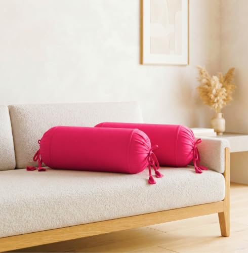 Image of SAJAVAT HOME Pure Cotton Bolster Cover (Pink) | 32x15 Inch Cylindrical Side Pillow Cover with Adjustable Ties | Decorative Round Diwan Cushion Cover for Sofa, Bed & Couch Pack of 2